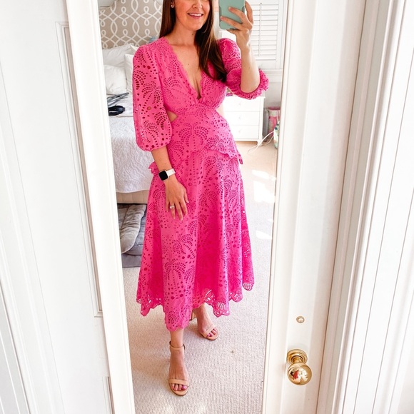 FARM Rio Dresses & Skirts - FARM Rio Pink Richelieu Midi Dress Eyelet Scallop Cutout Tuckernuck Sundress